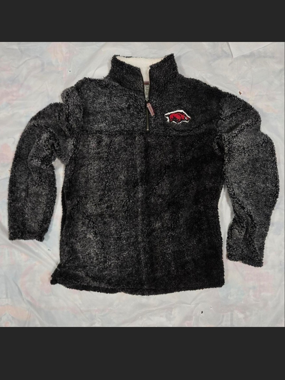 Black Plush Quarter-Zip Hoodie with Red Patch
